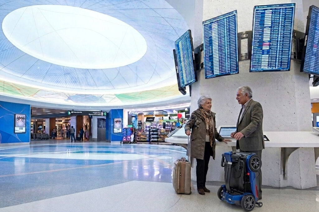 Couple with a portable mobility scooter and luggage in an airport terminal