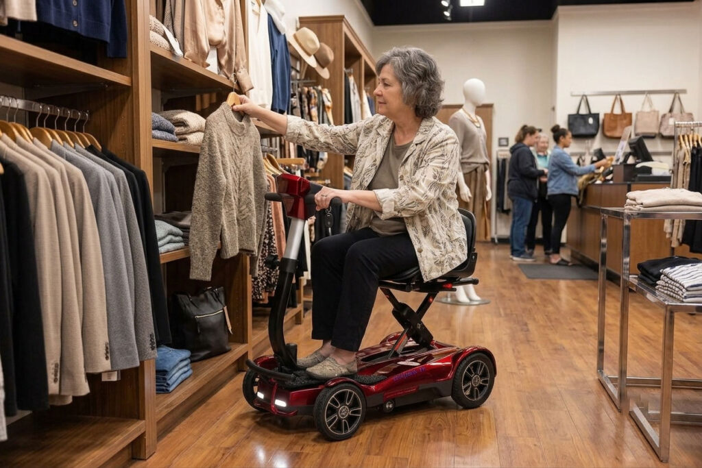 Woman shopping with EV Rider Transport 4M mobility scooter in clothing store